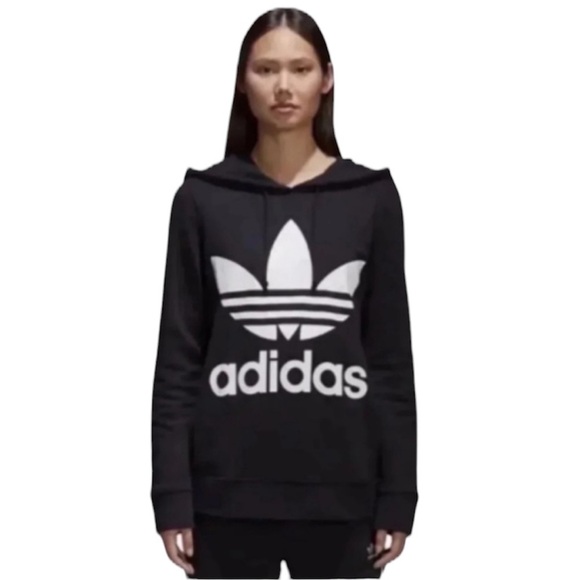 (NWT) Adidas Women’s 100% Cotton Trefoil Print Graphic Hoodie In Black, Large - Picture 5 of 17